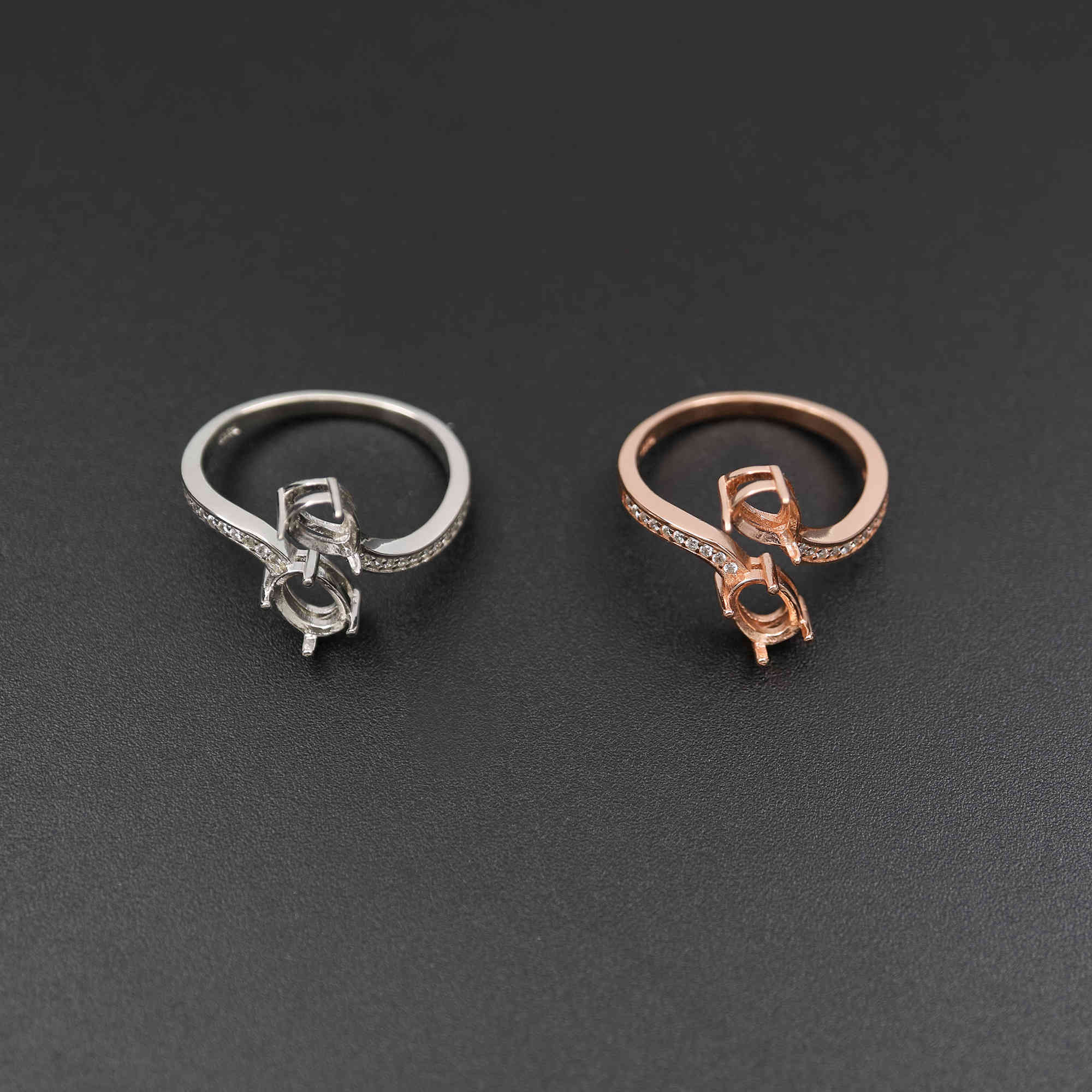 1Pcs 5X7MM Oval Pear Bezel Two Stones Bypass Pave Shank Rose Gold Plated Solid 925 Sterling Silver Adjustable Ring Settings For DIY Gems Moissanite Stone 1294157 - Click Image to Close